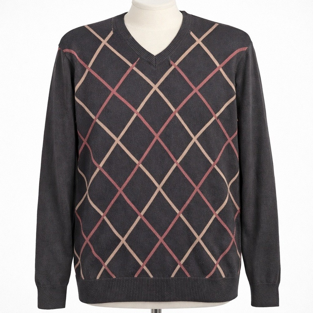 Mens‎ Argyle Silk Cotton V Neck Sweater Size M Black Pullover Preppy Academia